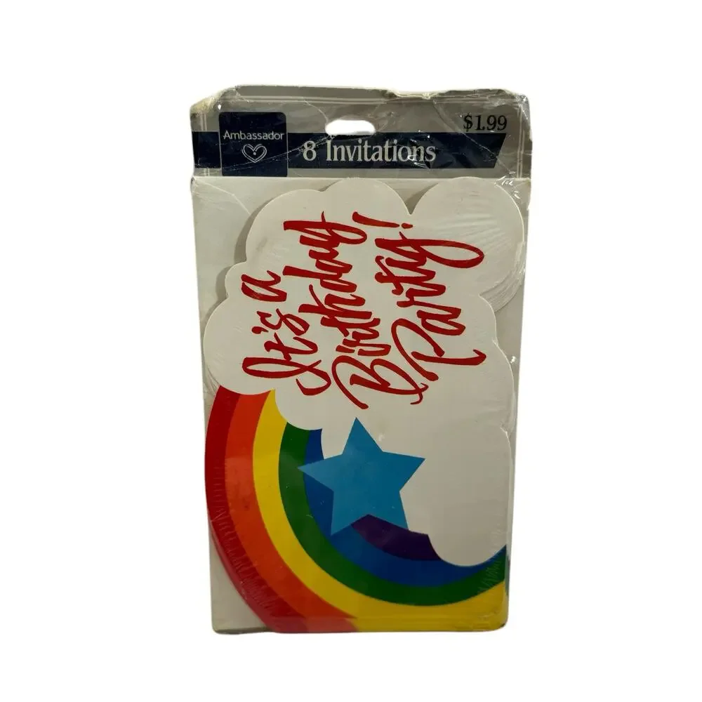 Vintage NEW HALLMARK Ambassador Rainbow Cloud Party Invitations 8-pack USA